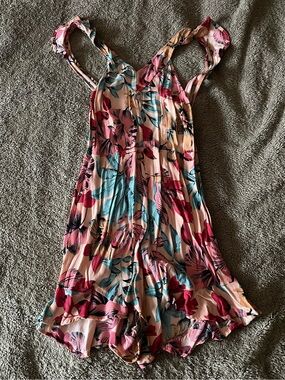 For Love and Lemons Peach Romper with Blue and Pink Flower Patterns